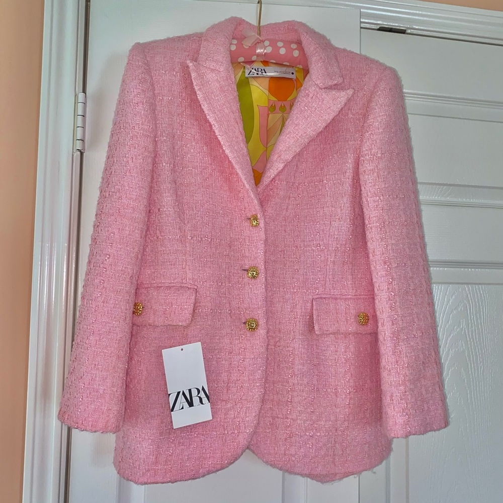 Zara Pink Tweed Jacket Blazer Blogger’s Fave